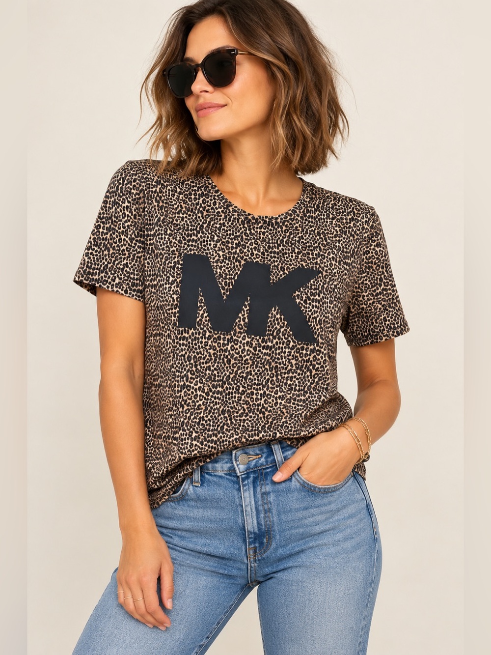 Michael Kors Leopard Print Logo Cotton T-Shirt Women’s Large Brown Black